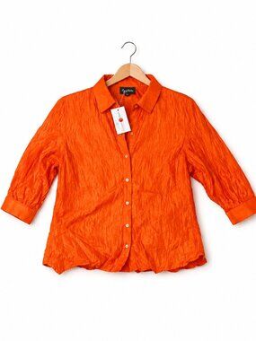 Lynn Ritchie Silk Blouse Women’s 1X Paprika Orange Crinkle Button Up NWT
